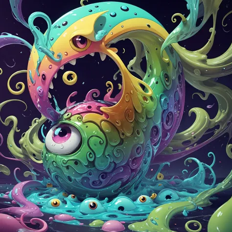 a cute bird, amorphous monster with multiple eyes, tentacles, and a gaping mouth. It oozes a rainbow-colored slime and leaves a trail of destruction in its wake.