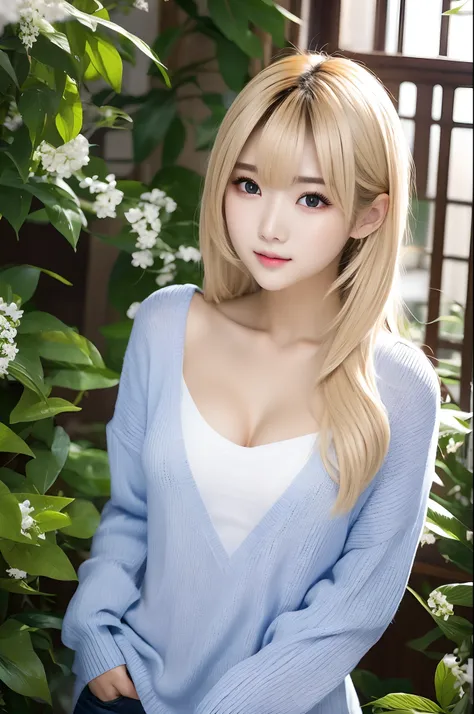 1 girl、((sweater that kills virgins))、blue-sky、bright and very beautiful face、young, shiny white shiny skin、best looks、blonde ha...