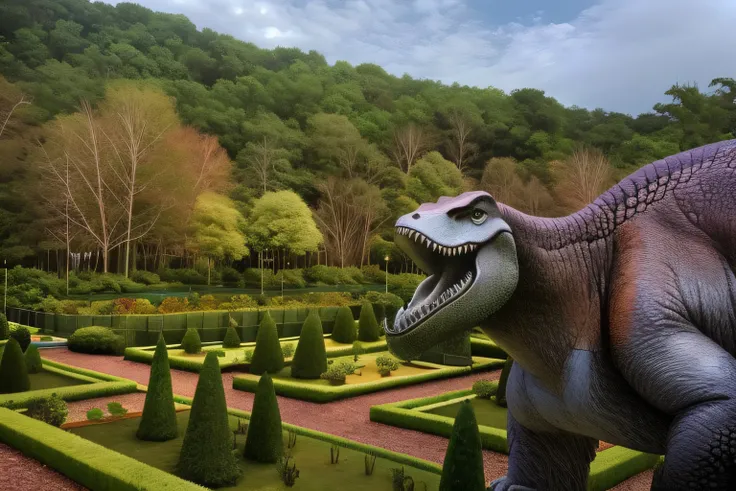 there is a dinosaur statue in the middle of a garden, alien forest in background, the jungle at the background, in a park on an alien planet, in a park on a alien planet, “a dinosaur market, photo taken with sony a7r camera, t - rex, t-rex, photograph of e...