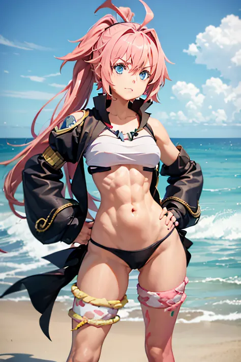 ((female)), (very messy hair), (serious look), fangs, ((ripped abdomen)), toned arms and legs, small breasts, excessive sweating, (summer beach scene), blue eyes, yacht at background, high quality, 8k, faithful to the original, hands on hips, ((looking dow...