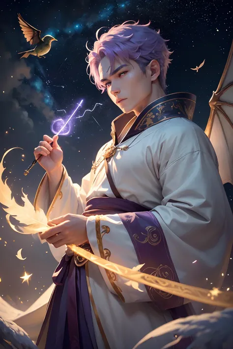 ((Detailed face)), ((Dragons Tail)）​masterpiece,top-quality,(1 person) 、male people:2、For white skin、Character with purple hair and big golden eyes、There are snow-white feathers of feathers,、He has a star-shaped crown on his head.、It has a flower motif、He ...