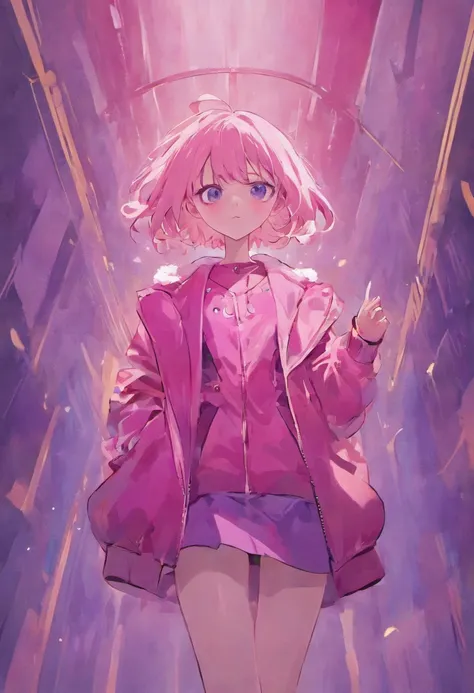 There is a girl wearing thin pink coat and thin blue short skirt , stylized portrait drawing.