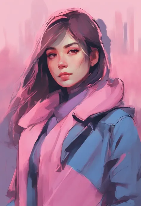 There is a girl wearing thin pink coat and thin blue short skirt , stylized portrait drawing.