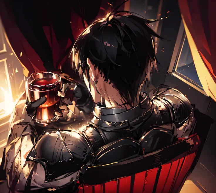 tmasterpiece，Best quality，Super fine illustration，The back of a man with black hair and black armor sitting on a chair with a wine glass in his hand，