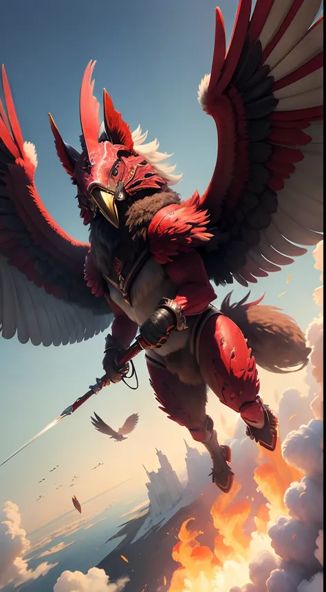 Absurd resolution, High Resolution, (Masterpiece: 1.4), hyper-detailing, fur, Red Armor with Red Wings, Soaring flight in the sky (1.8) The background is wild, fire