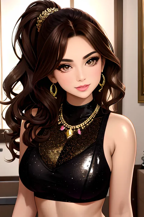 (1 front photo), Beautiful face, Highly detailed face and skin texture, (Detailed eyes), Brown eyes, Double eyelids, Fine eyebrows, Glitter Eyeliner: 1.2, Natural cheeks, Shiny skin, bright skin: 1.2, shiny necklace and earrings, (shiny lips: 1. 4), (Seduc...