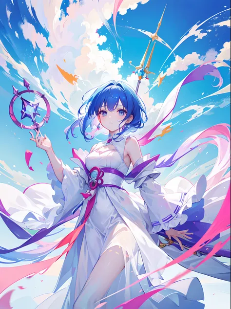 1girl, (colourful hair), white luxurious gown, holding a colourful mage staff, (flying in the sky), ((sky background)), (spreading both hands), ultrasharp, 8k, masterpiece, ultra hd, elegant view