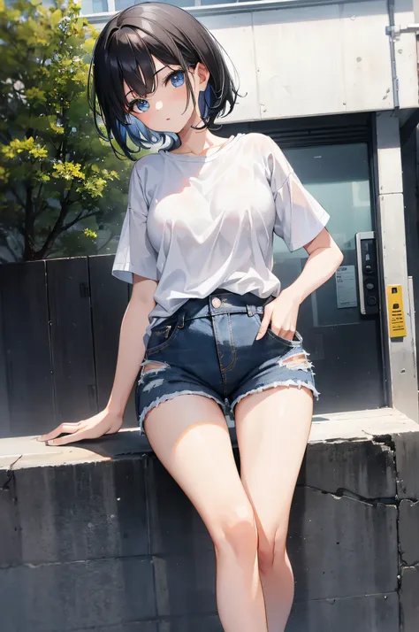 1girl in, Short black hair, Blue eyes, Wearing a plain white shirt, Denim shorts, city, absurderes, hight resolution, ultrasharp, 8K, masutepiece, Looking at Viewer、独奏