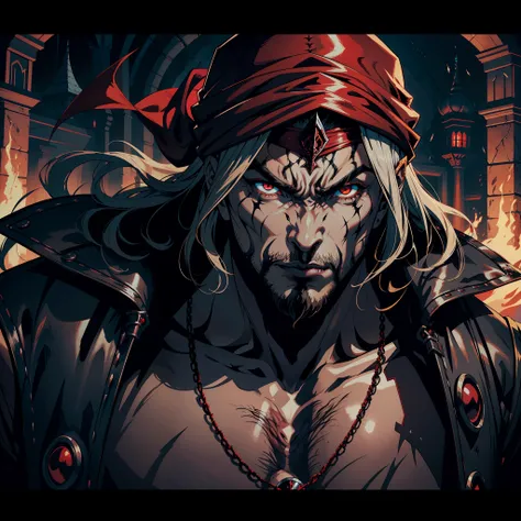 Castlevania Hyper Realistic Shadow Lord Super Detailed Dynamic Plan Master Piece of Lord Dracula Medieval Arab Warrior with Red Turban Scary Face Hokuto No Ken Structure Muscular Face Kenshiro Troops at the head Army of demons to fight sharp details Cinema...