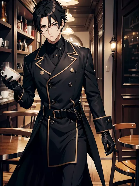 anime sexy man in a caffee, black woolen coat, black gloves