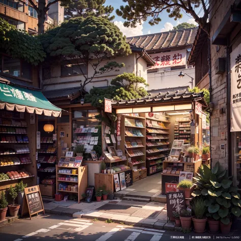 anime background, anime wallpaper, anime, anime style, lofi, lofi style, modern japanese street, modern japanese architecture, japanese convenience store, big retro japanese shop signs, retro japanese store, trees, plants, rocks, plant pots, shop signs, ja...