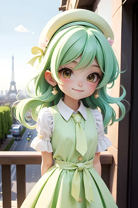 lolli girl in princess long lime green dress, green lime hair. cute smile , cap, cute ribbons, necktie, paris city street with nice view background