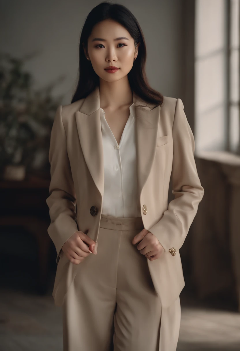 Young Chinese brunette woman in tailor suit, Light background, style of ultrafine detail, high-quality photo, 35 mm f/5.6