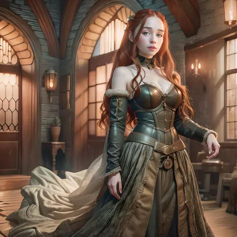 beautiful ginger women like Emilia clarke in detailed full body covered dress detailed house, air above hair, IPA award wining, masterpiece, best lighting, art by Artgerm