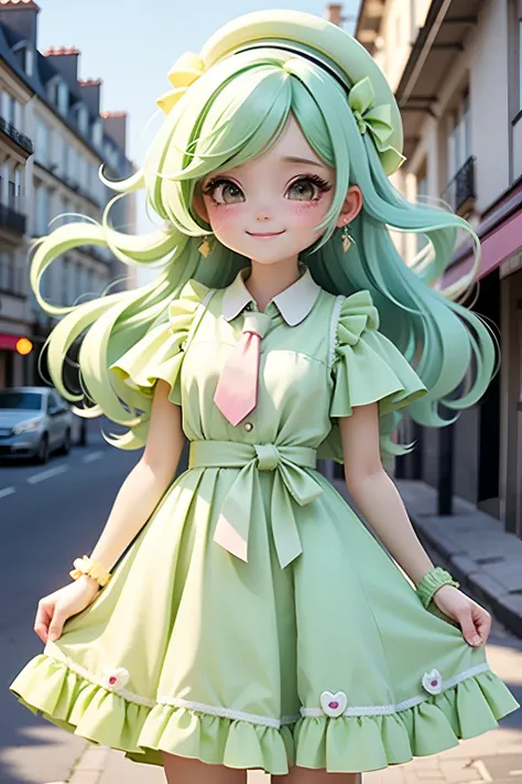 lolli girl in princess long lime green dress, green lime hair. cute smile , cap, cute ribbons, necktie, paris city street with nice view background