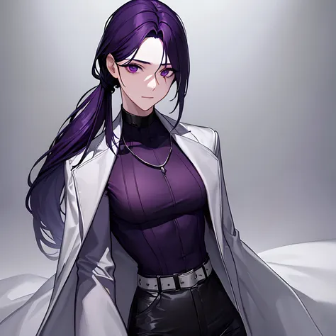 A young guy, delicate facial features, long dark purple hair gathered in a low ponytail, a lot of silver jewelry, dark tight-fitting clothes, white raincoat, belts, dark faded look, tired face