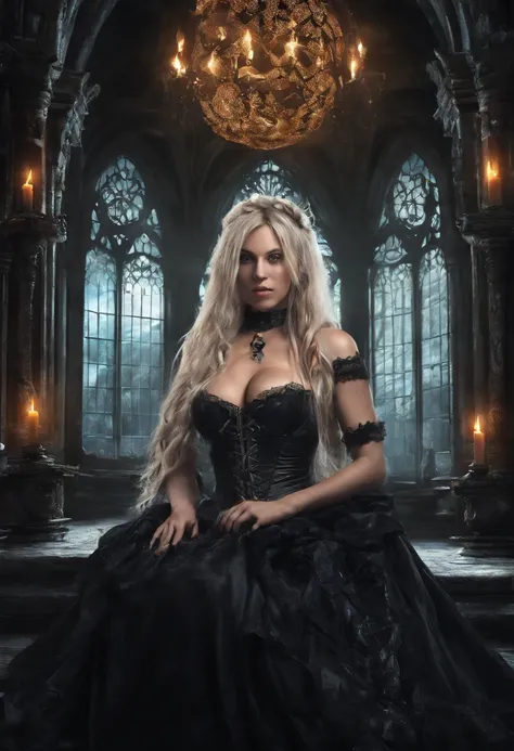 hyper realistic image of a beautiful 24 year old witch with blonde long braided hair, sitting in a huge dark gothic room, wearing a corset black bikini gown, holding a glowing neon orb, far view full screen image