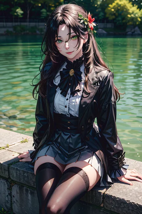 masterpiece, best quality, absurdres, half-body portrait, 1girl, human, female, (black hair), long hair, green eyes, long black coat, winged shaped hair pin, beauty mark under right eye, white shirt, silver cravat, black skirt, tennis skirt, black stocking...