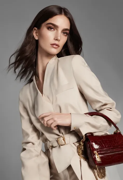 Tom Ford model holding a handbag in her hand