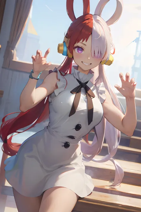 masterpiece, best quality, highres, 1girl, split-color hair, hair over one eye, red hair, multicolored hair, long hair, purple eyes, hair rings, white dress, headphones, white hair, black ribbon, bangs, sleeveless, medium breasts, paw pose, smile, teeth,