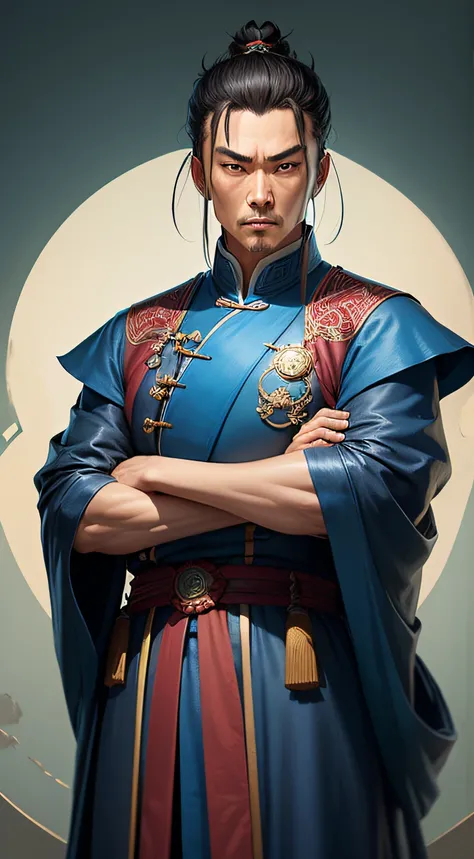 Image prompt: Visualize Zhuge Liang as a wise and intelligent figure, akin to a "Sherlock Holmes of warfare," contemplating strategies.