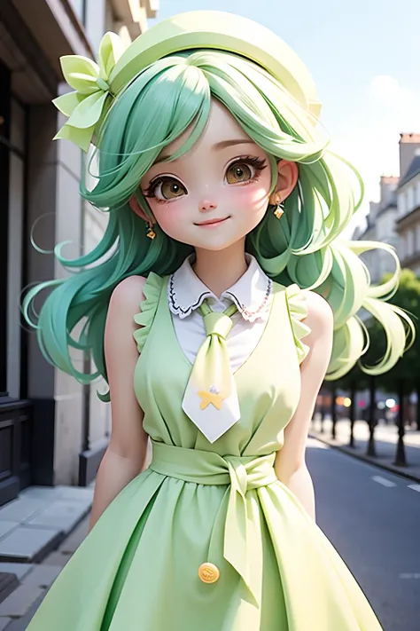 lolli girl in princess long lime green dress, green lime hair. cute smile , cap, cute ribbons, necktie, paris city street with nice view background