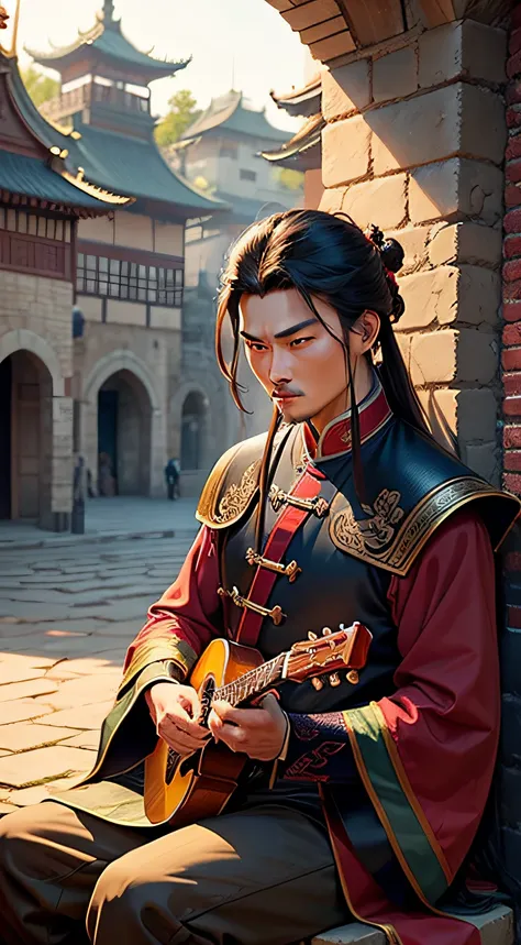 Image prompt: Depict Zhuge Liang, who was a man, calmly sitting on the city walls, playing a musical instrument amidst an open city gate, portraying confidence and a calculated risk.