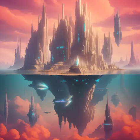 Futuristic city in the sky，float in the water, an underwater city，symmetrical fantasy landscape, Beeple e Jean Giraud, in fantasy sci - fi city, recusion beeple, fantasy cityscape, in the style of beeple, beeple!!, beeple masterpiece