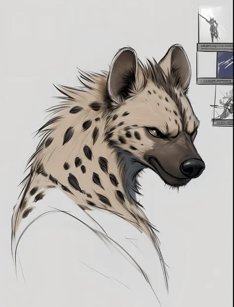 sketch, white background, solo, comic-book style, concept art, detailed, artstation, detailed, furry, hyena, hyaenidae