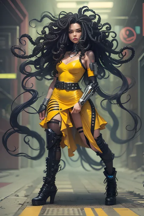 Woman long black hair and curly medusa mix cyberpunk yellow dress