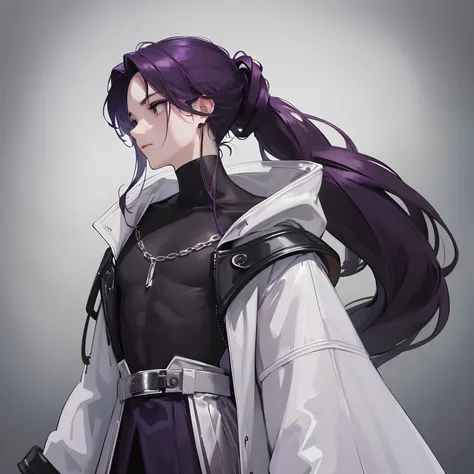 A young guy, delicate facial features, long dark purple hair gathered in a low ponytail, a lot of silver jewelry, dark tight-fitting clothes, white raincoat, belts, dark faded look, tired face