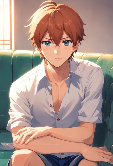 Ichigo kurosaki, handsome, sitting on a couch, white buttoned shirt, looking at viewer, high quality, best quality, Bleach Anime style