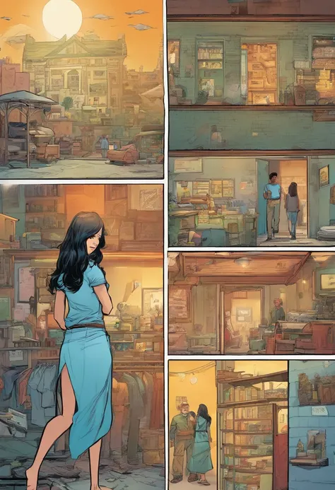 American comics, the comic story is presented in multiple irregular panels with color. The girl, black long hair, wearing t-shirt, skyblue pleated miniskirt, waiting someone in old hospital.