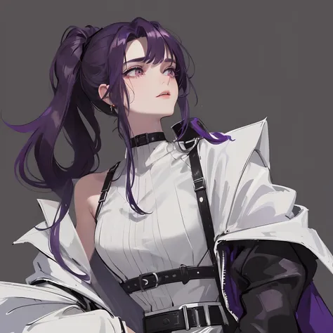 A young guy, delicate facial features, long dark purple hair gathered in a low ponytail, a lot of silver jewelry, dark tight-fitting clothes, white coat, belts, dark faded look, tired face