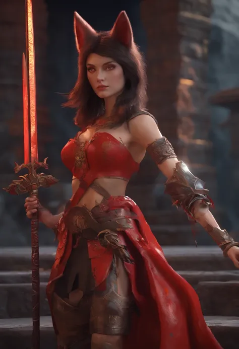 Fille renard, Dark Hair, yeux noir, Square face, en robe rouge, cheveux lisse a frange, Surrounded by swords in a stone temple. Accompanied by a Gray Wolf man, with red eyes surrounded by electricity