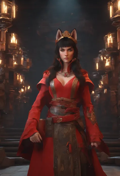 Fille renard, Dark Hair, yeux noir, Square face, en robe rouge, cheveux lisse a frange, Surrounded by swords in a stone temple. Accompanied by a Gray Wolf man, with red eyes surrounded by electricity