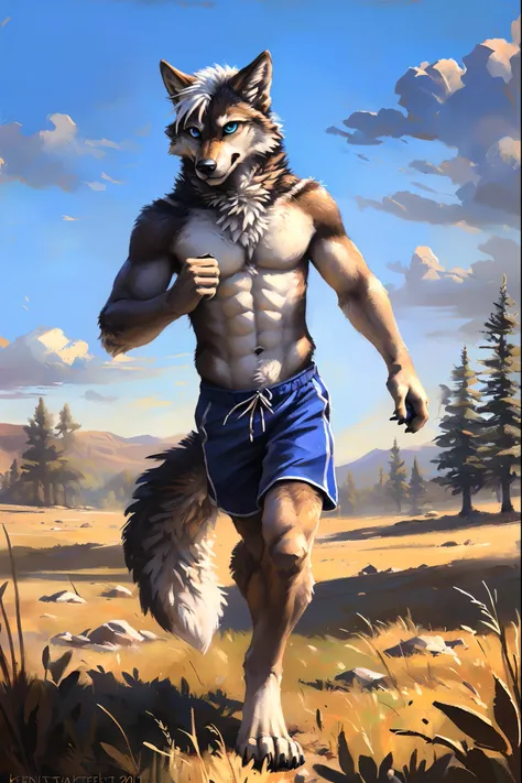 ((Solo)), male people, anthro wolf, (Multi-colored fur, White-brown:1.3，White tail pointed), ((Wolf face, White hair, Big eyes, White eyelids, Blue pupil, Slim:1.2) (Tough, Calm expression:1.2)), Abs, Slim, pinging)), (Correct anatomy), (Work shorts:1.1), ...