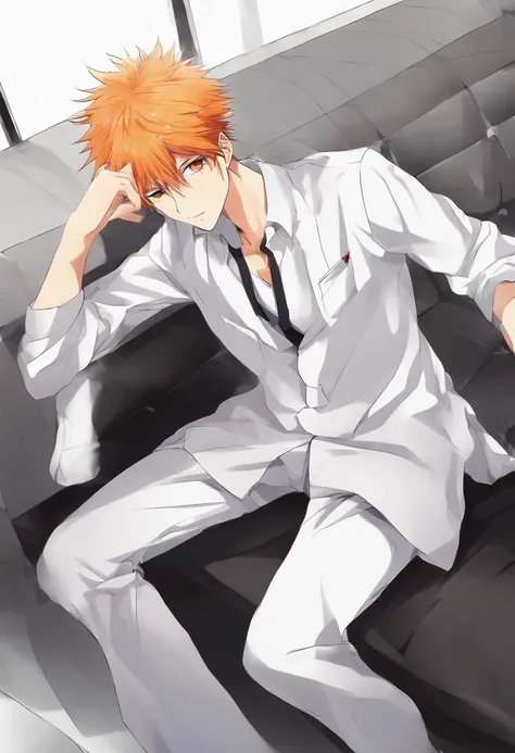 Ichigo kurosaki, handsome, sitting on a couch, white buttoned shirt, looking at viewer, high quality, best quality, Bleach Anime style