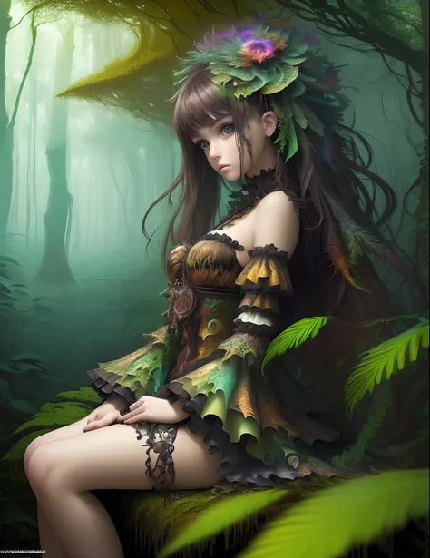 masterpiece,  top quality,  best quality,  official art,  beautiful and aesthetic:1.2),  (1girl),  extreme detailed, (abstract,  fractal art:1.3), Wild girl bought up in jungle, beautiful, deep in the forest, foggy forest , sitting on a tree, wild girl, in...