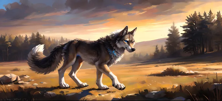 ((Solo)), Male, coyote, (Multi-colored fur, White-brown:1.3，White tail pointed), ((Wolf face, White hair, Big eyes, White eyelids, Blue pupil, Slim:1.2) (Tough, Calm expression:1.2)), Robust，Slim, pinging)), (Correct body anatomy), A big tail，Feet，Longer t...