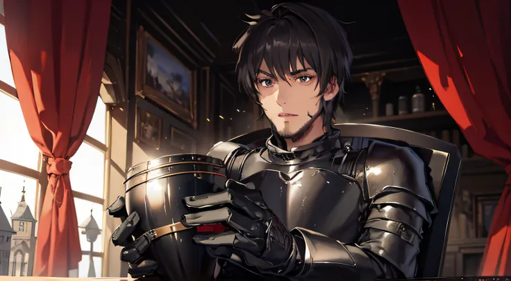 tmasterpiece，Best quality，Super fine illustration，A dark-haired man in black armor sits in a chair with a wine glass，Medieval hotel，