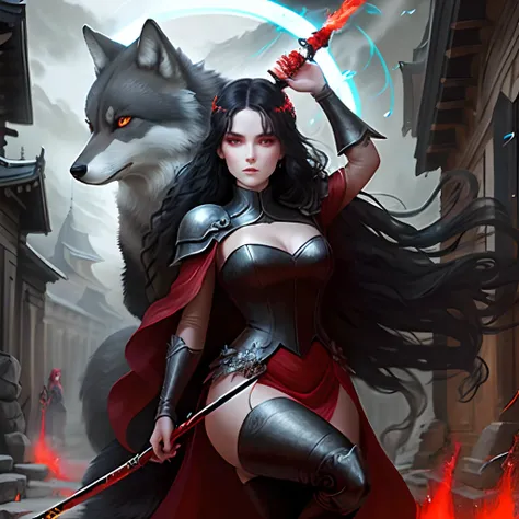 Une Fille renard, Dark Hair, Yeux noir, visage rond, en robe rouge, cheveux lisse a frange, avec un baton dans un temple de pierre. Accompanied by a grey wolf, with red eyes surrounded by electricity