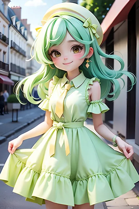 lolli girl in princess long lime green dress, green lime hair. cute smile , cap, cute ribbons, necktie, paris city street with nice view background