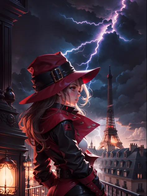 (realistic:0.2), anime illustration, 1girl,, red coat, big red hat, in paris france, sfw, black pants, black office shirt,, carmen sandiego,, blue sky,, long hair,, dramatic lightning, lights, epic lights, light on face, backlit, face light, lit face, fill...