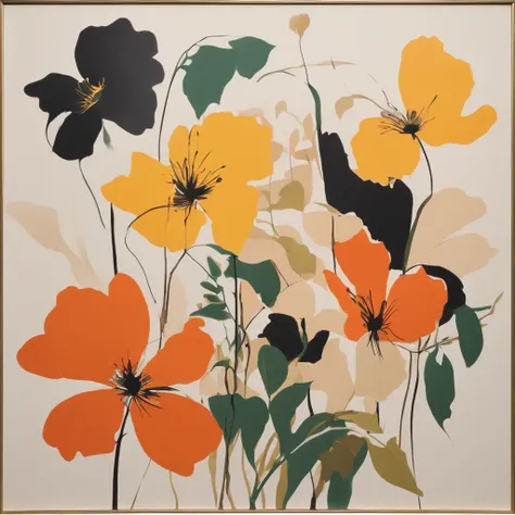 Behold, a minimal serigraph of flowers emerges on the canvas. Its bold and graphic nature captivates the eye, while the cut-up collage style adds a touch of intrigue. The vibrant colors and gestural brushwork breathe life into the composition. This masterp...