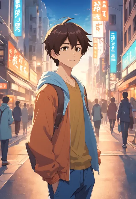 A boy, transformed into an anime style, with exaggerated unique facial features and clothing, standing on a bustling city street, backlit background highlighting the subject, high-contrast colors, 4K high-definition quality，young, smiling, handsome