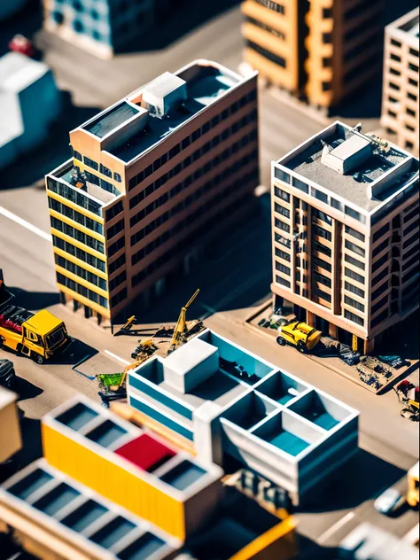 Tilt-shift photography, tiny little miniature contruction men building-up a complex building, action scene.