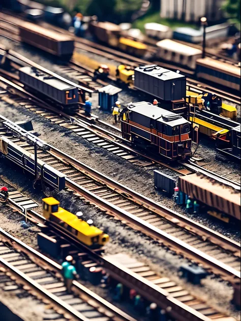 Tilt-shift photography, tiny little miniature contruction men building-up a complex railroad, action scene.