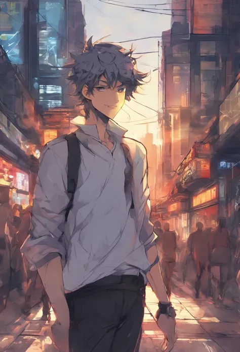 A guy, transformed into an anime style, with exaggerated unique facial features and clothing, standing on a bustling city street, backlit background highlighting the subject, sun set
 high-contrast colors, 4K high-definition quality，young, smiling, handsom...