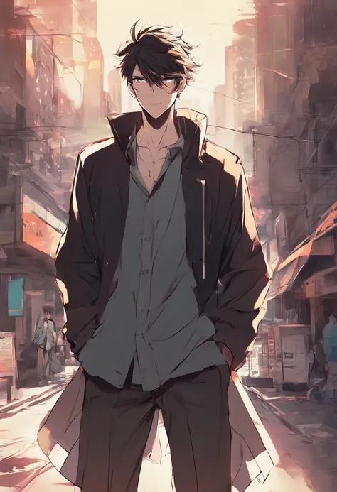 A guy, transformed into an anime style, with exaggerated unique facial features and clothing, standing on a bustling city street, backlit background highlighting the subject, sun set
 high-contrast colors, 4K high-definition quality，young, smiling, handsom...